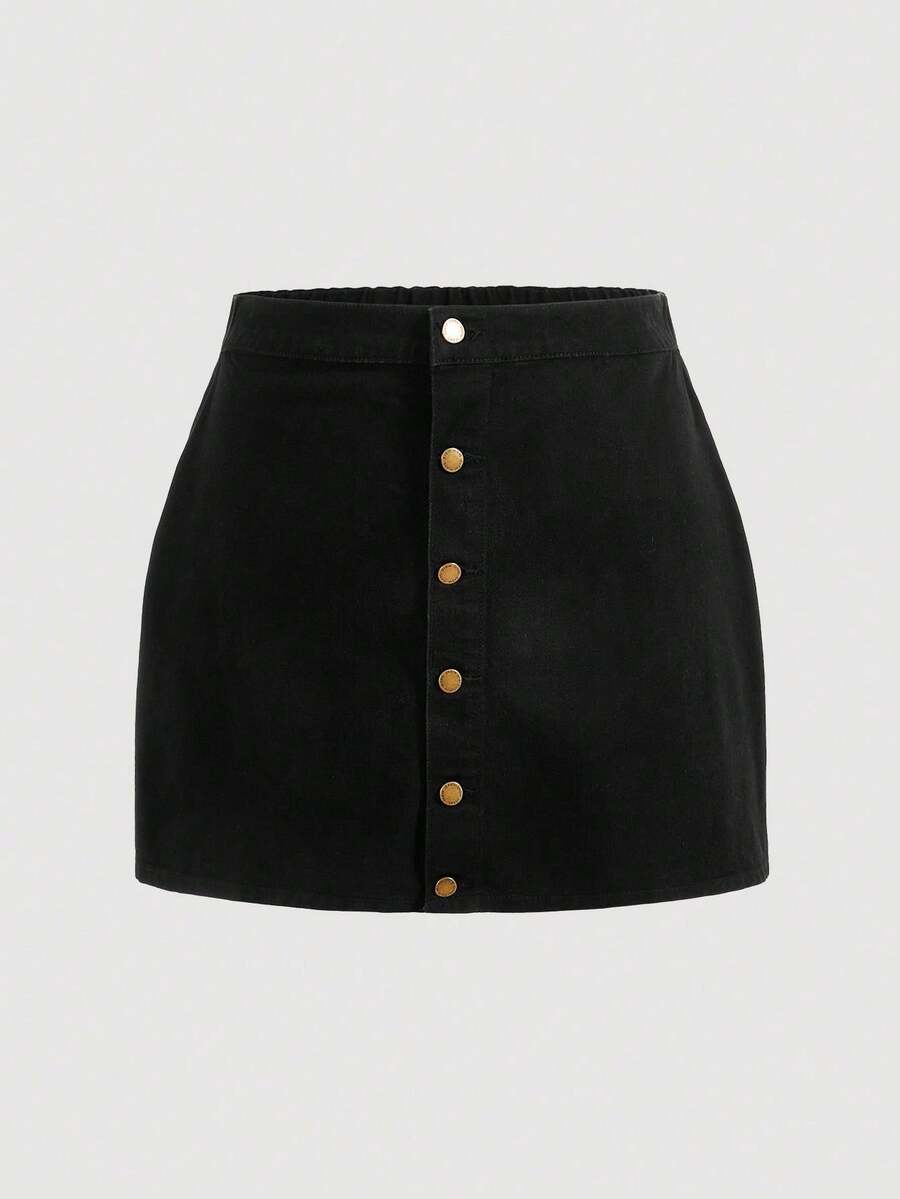 SHEIN MOD Plus Size Women's Button Front Straight Denim Skirt - Medium Wash - View 1