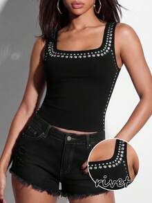 Normani Women's Rivet Design Square Neck Fitted Casual Tank Top Club Black Summer - Black - View 6