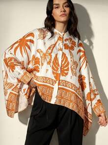 Aveloria Modichic Commuter Elegant Retro Color Block Positioned Print Square Scarf Sleeve Hem Design Long Sleeve Loose Women's Vacation Style Shirt - Multicolor - View 5