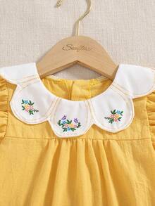 Vintaside Kids 女嬰春夏純杏色連身衣，領口櫻桃刺繡裝飾，甜美簡約風，舒適貼身，適合日常外出、休閒穿著與輕鬆聚會 - 橘色 - 查看 4