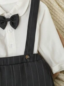 SHEIN 2pcs Baby Boy Formal Gentleman Set, Includes 1pc Bow Tie Knitted White Long Sleeve Shirt And 1pc Adjustable Suspenders Pants, Fashionable And Elegant, Suitable For Various Occasions Such As Parties, Formal Events, Weddings, Christenings, Celebrations And Birthday Parties, Suitable For 6 Months To 3 Years Old Baby Boys. Baby Boy Shirt, 1st Birthday Outfit, Photo Shoot Outfit - Black - View 5