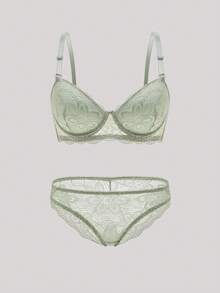 Hourtrue Lace Lingerie Set (With Underwire, Triangle Panty)For Summerfor Summer - Olive Green - View 1