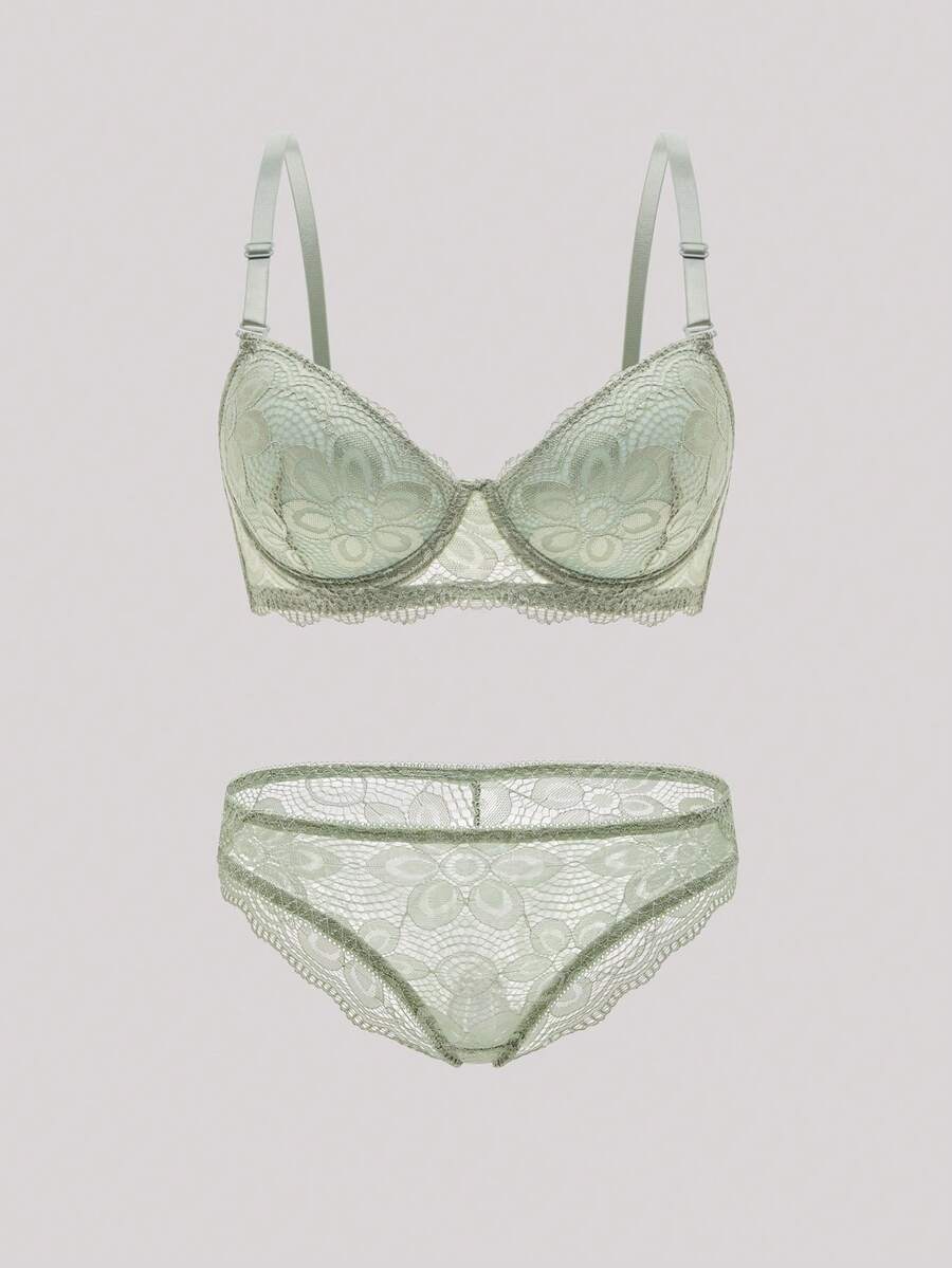 Hourtrue Lace Lingerie Set (With Underwire, Triangle Panty)For Summerfor Summer - Olive Green - View 1