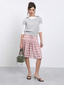 COUREZ Low Waist Plaid Skirt / Y2K Cute Skirts Casual Fall Clothes For Women Street Casual Autumn Outfits Women Winter Clothes For Women Pink Skirt Going Out - Red and White - View 2