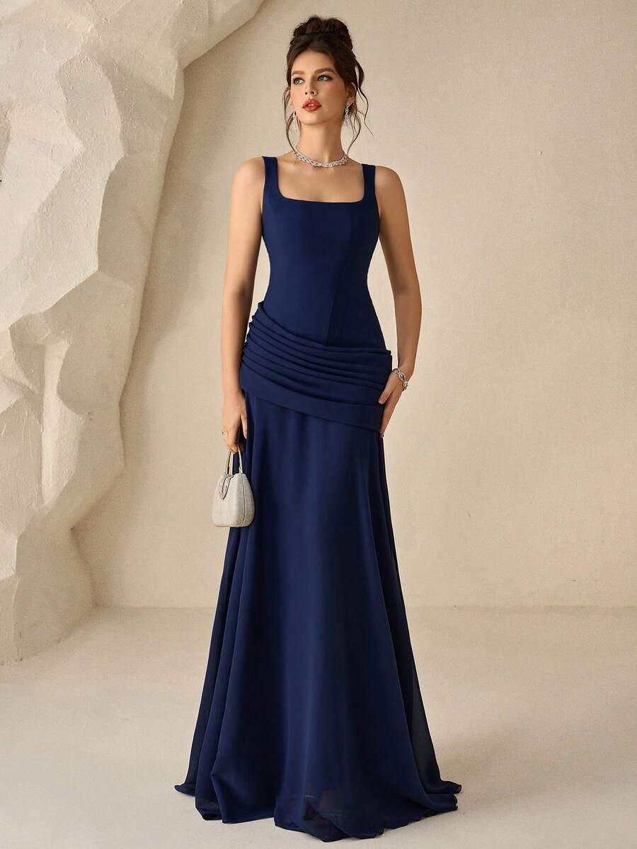 Coutiva 女款夏季高端晚禮服，優雅名媛奢華晚宴長裙 - 寶藍色 - 查看 1