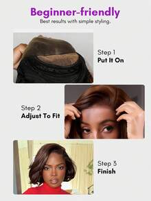 ALL READY WIG 4x4 预剪无胶弹力蓬松波浪蕾丝闭合鲍勃假发真人发 10-12 英寸短发 180% 密度女士老板风格 C 部分巧克力棕色 4# 预拔发际线假发 - S4 - 查看 9