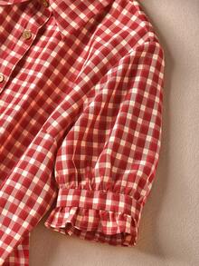 Rusticease Elegant Cute Preppy Red And White Plaid Gingham Party Picnic Blouses Women's Summer Casual Pastoral Back-To-School Printed Puff Short Sleeve Shirt - Red - View 4