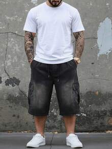 DAZY Celana Pendek Denim Pria Ukuran Besar Warna Hitam dengan Detail Saku dan Efek Lusuh, Cocok untuk Musim Gugur - Hitam - View 6