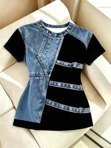 Resyla Women's Casual Denim Effect Print Loose T-Shirt, Summer - Black - View 4