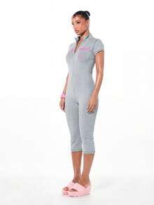 BABYPHAT Jersey Capri Zip Up Jumpsuit With Short Sleeves And Front Zipper - Light Grey - View 6