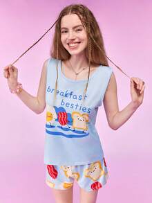 Notgurli Fried Egg Print Camisole Shorts Pajama Set For Women Loungewear Aqua Blue Summer Cute - Multicolor - View 4