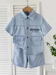 SHEIN Genkimix Kids 小男孩字母圖案單排扣短袖襯衫與短褲休閒日常牛仔套裝 - 藍色 - 查看 6