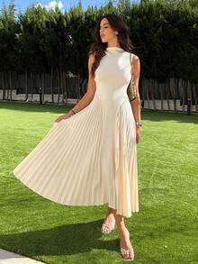 Maca Silvats Women Elegant Pleated Tight-Fitting A-Line Dress,Summer Dresses For Women,Tea Party Dress - Apricot - View 4