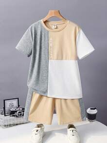 SHEIN 2pcs/Set Kids Tween Boy Casual Colorblock Crew Neck Short Sleeve T-Shirt And Shorts Set, Suitable For Commuting, School, Daily Casual, Outings, Sports, Spring/Summer, Beach Vacation - Khaki - View 2