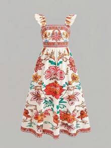 Tween Girls Woven Vacation Floral Print Square Neck Flutter Sleeve Ruffle Hem Maxi Dress, Summer Dress, Floral Dress, Cap Sleeve, Square Neck - Multicolor - View 3