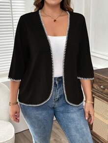 EMERY ROSE Plus Size Women's Vacation Jacket With Color Block Machine-Knit Shell Flower Special Craft, Solid Black, Asymmetric Hem, Casual Vacation Style, Suitable For Summer, Beach, Autumn And Winter Wear - Black - View 4