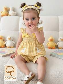 Cozy Pixies 2pcs Baby Girl Cartoon Duck Decor Bow Strap Top And Elastic Waist Shorts Set - Yellow - View 10