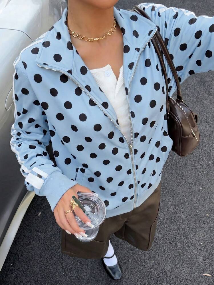 Muchica 女款波點花卉貼花飾邊輕量外套 - 藍色 - 查看 1