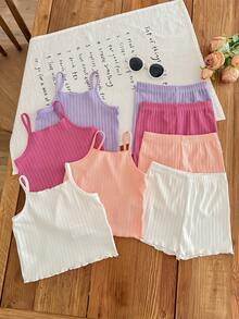 SHEIN LMoss Kids 8 件套女婴休闲纯色针织吊带背心和短裤 - 彩色 - 查看 2