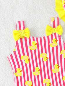 SHEIN Bañador de una pieza para niña bebé con estampado de dibujos animados a rayas, lazo y volantes - Amarillo - Ver 3