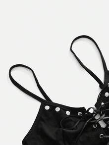 ROMWE Y2K Sexy Halloween Punk Rivet Patchwork Strappy Cutout Women's Bodysuit - Black - View 4