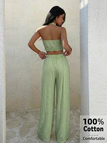 Aloruh Bộ 2 món thời trang công sở thanh lịch tối giản mùa Xuân/Hè, chất liệu linen pha màu sắc nhẹ nhàng, phù hợp cho lễ hội âm nhạc, Lễ Phục sinh, Ngày Thánh Patrick, phong cách Western, phong cách Nomad, tiệc sinh nhật, lễ tốt nghiệp, phong cách Preppy, trang phục sinh viên, mặc hàng ngày, mặc thường ngày, đi nghỉ, đi du thuyền, đi biển, tắm nắng, hàng bán chạy, phong cách đường phố, khách mời đám cưới, phong cách Bohemian, đi làm, đi ăn sáng muộn, trang phục sân bay, áo crop top nâu vân kết nút bất đối xứng và quần ống rộng linen - màu xanh lá - Xem 2