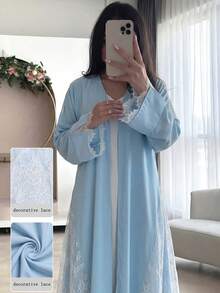 Yasmyna 简约优雅侧开衩薄纱蕾丝拼接女士长袍 - 藍色 - 查看 4