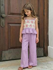 Emery Rose Kids Emery Rose Kids 女童钩针花卉荷叶边吊带背心和裤子套装 - 紫色 - 查看 4