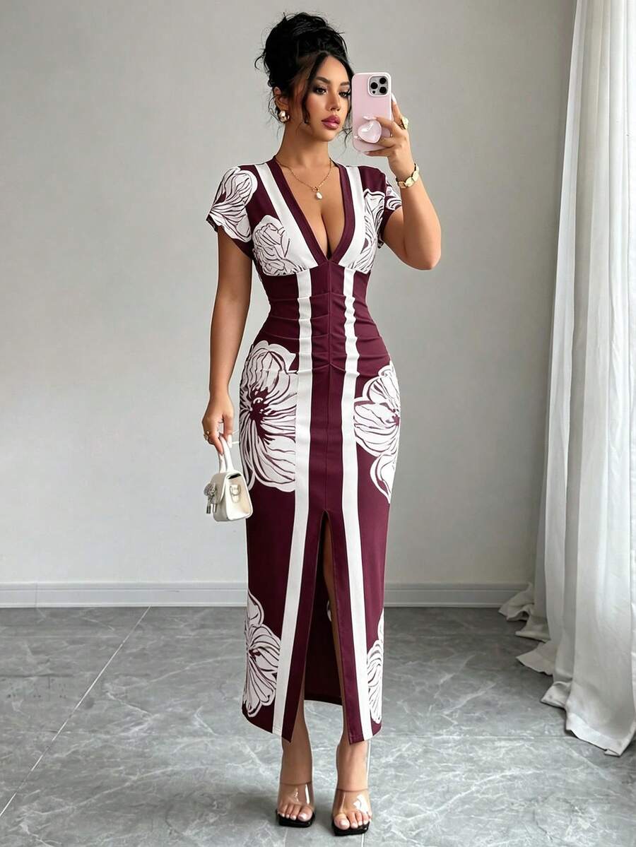 SHEIN Clasi 女款精緻優雅性感波西米亞印花度假洋裝 白色花卉夏季派對約會晚裝 - 酒紅色 - 查看 1