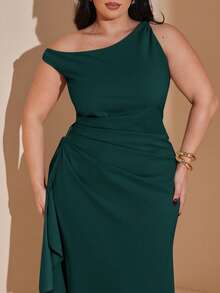 SHEIN BAE Vestido casual de fiesta para mujer talla grande de unicolor con cuello asimétrico, volantes en el bajo y diseño con abertura - Verde Oscuro - Ver 3