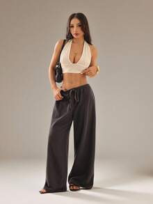 SHEIN PETITE Women's Solid Color Tie Waist Wide Leg Loose Casual Versatile Pants - Brown - View 3