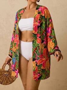 Travachic Plus Size Women's Apricot Ocean Fish Print Cover-Up, Mid-Length Sleeve Loose Kimono Top, Romantic Early Spring Beach Hot Spring Pattern Shirt - Multicolor - View 4