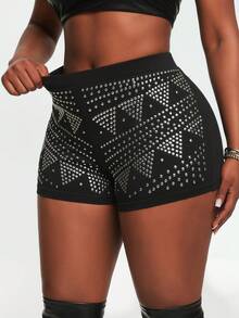 SHEIN SXY Plus Size Summer Fashion Rhinestone Embellished Fitted Shorts Date Night Black Sexy - Black - View 3