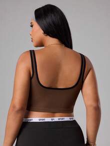 SHEIN Rhythm Era Damen Sport-Tanktop in Große Größen mit Kontrastfarbe, gerafften Ärmeln und Off-Shoulder, geeignet für Yoga, Radfahren, Tennis - Kakao - Übersicht 2