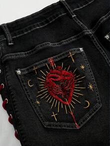 ROMWE Goth 大尺碼深色哥德風愛心刺繡口袋圖案抽繩設計迷你超短牛仔短褲 - 黑色 - 查看 3