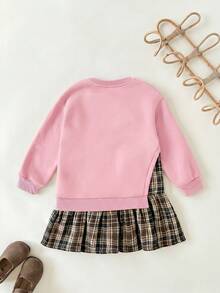 LMoss Kids 少女秋冬可愛拼接配色長袖格紋洋裝 - 粉色 - 查看 2