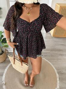 Vionelle Blus Ukuran Besar Kasual Serbaguna Motif Bunga Kecil Pinggang Lebar Lengan Berkerut Elegan untuk Liburan Warna Hitam - Hitam - View 3