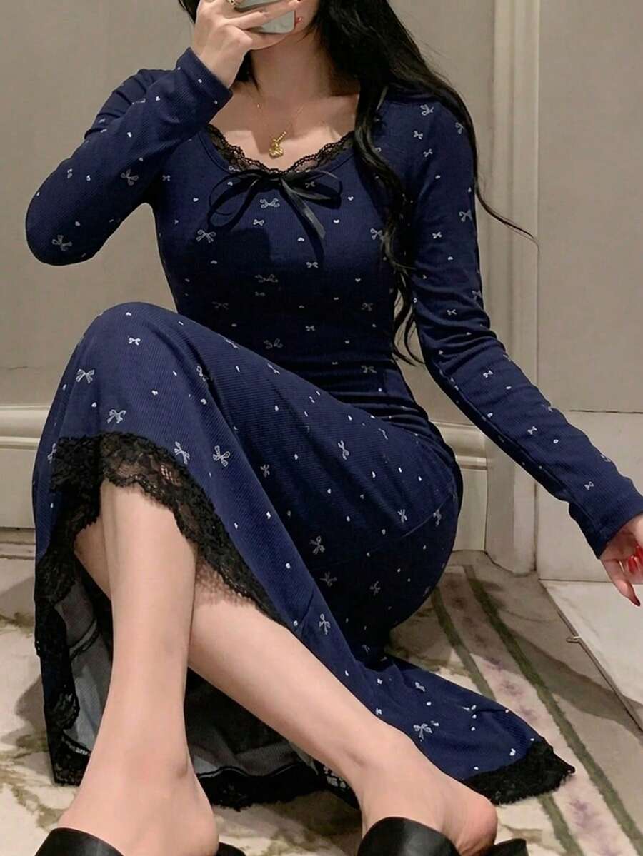 DAZY Bow Knot Pattern All-Over Print Contrast Color Lace Patchwork Waist-Cinching Long Dress Summer Spring Outfit Women's Nightgown - Navy Blue - View 1