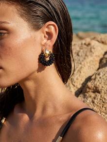 SHEIN Swim 1 Pair Handmade Bohemian Style Faux Crystal & Seed Bead Earrings, Petite Geometric Round Earrings, Fashion Jewelry Gift For Valentine's Day, Mother's Day, Wedding, Friends And Lovers, Suitable For Women's Daily, Vacation, Party Wear (Handcrafted Seed Bead Color, Quantity And Placement Are Random) - Black - View 4