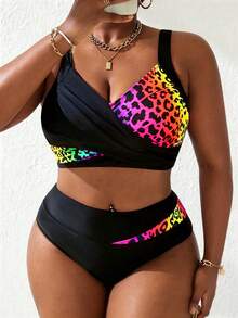 Slaydiva Conjunto de traje de baño de 2 piezas para mujer talla grande con bloques de color negro & rosa, camisola fruncida, separables, para vacaciones de verano en la playa - Multicolor - Ver 4