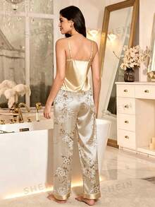 LuxeNights 2pcs Satin Camisole & Heart Letter Print Pants Pajama Set - Champagne - View 2