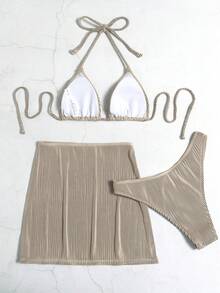 Swim SXY Summer Beach 3packs Halter Triangle High Cut Bikini & Beach Skirt - Khaki - View 7