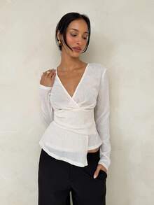Aloruh Elegante maglietta casual da donna con scollo a V, maniche lunghe, stile minimalista, top versatile per tutti i giorni - Albicocca - Visualizzare 6
