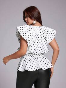 Viva Relle Plus Size Women's V-Neck Polka Dot Print Short Sleeve Ruffle Hem Blouse Date Night Summer Elegant - Multicolor - View 6