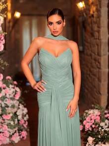 Glamrae Elegant, , Fashionable Elastic Mesh Handmade Ruched A-Line Dress, Suitable For Party, Wedding Guest, Pink Color, And Formal Evening Gown - Mint Green - View 7