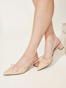 CUCCOO CHICEST Nude Pointed Bow Slingback Thick Heel Sandals, Workplace Commuting Temperament Shoes - Three knives nude - View 4