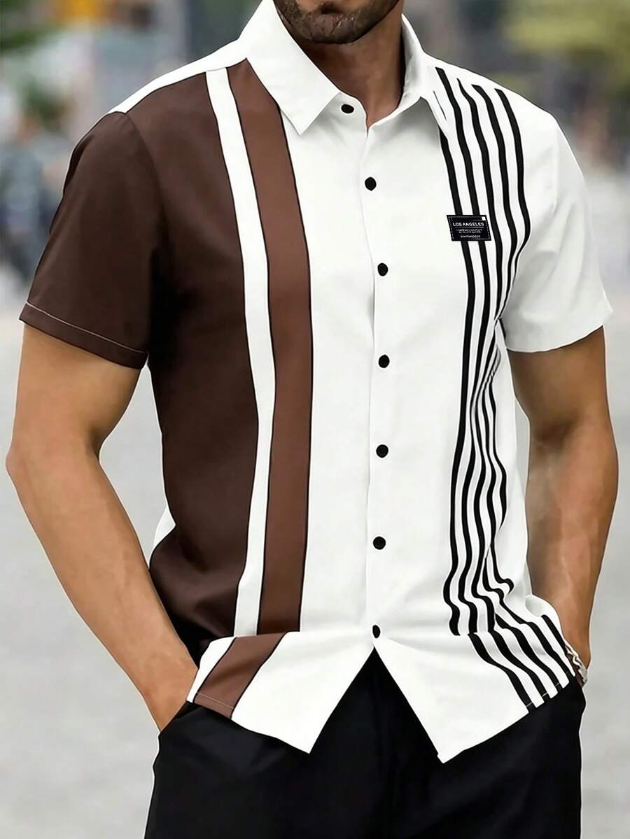 Manfinity Homme Men's Summer Casual Vacation Daily Commute Color Block Striped Print Short Sleeve Shirt - Multicolor - View 1