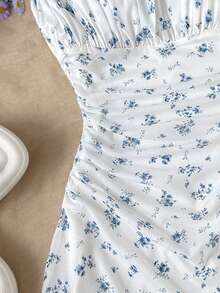 SHEIN Tween Girl Spring/Summer Spaghetti Strap High Waist Pleated Floral Print Dress - Blue - View 6