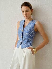 MOTF PREMIUM WOMEN'S EMBROIDERED DETAIL FRONT BUTTON VEST JACKET - Blue - View 8