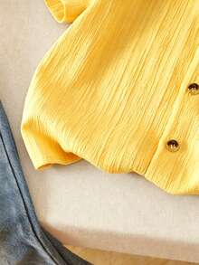 SHEIN Genkimix Kids Young Boy Stand Collar Short Sleeve Yellow Shirt With Pocket - Yellow - View 7